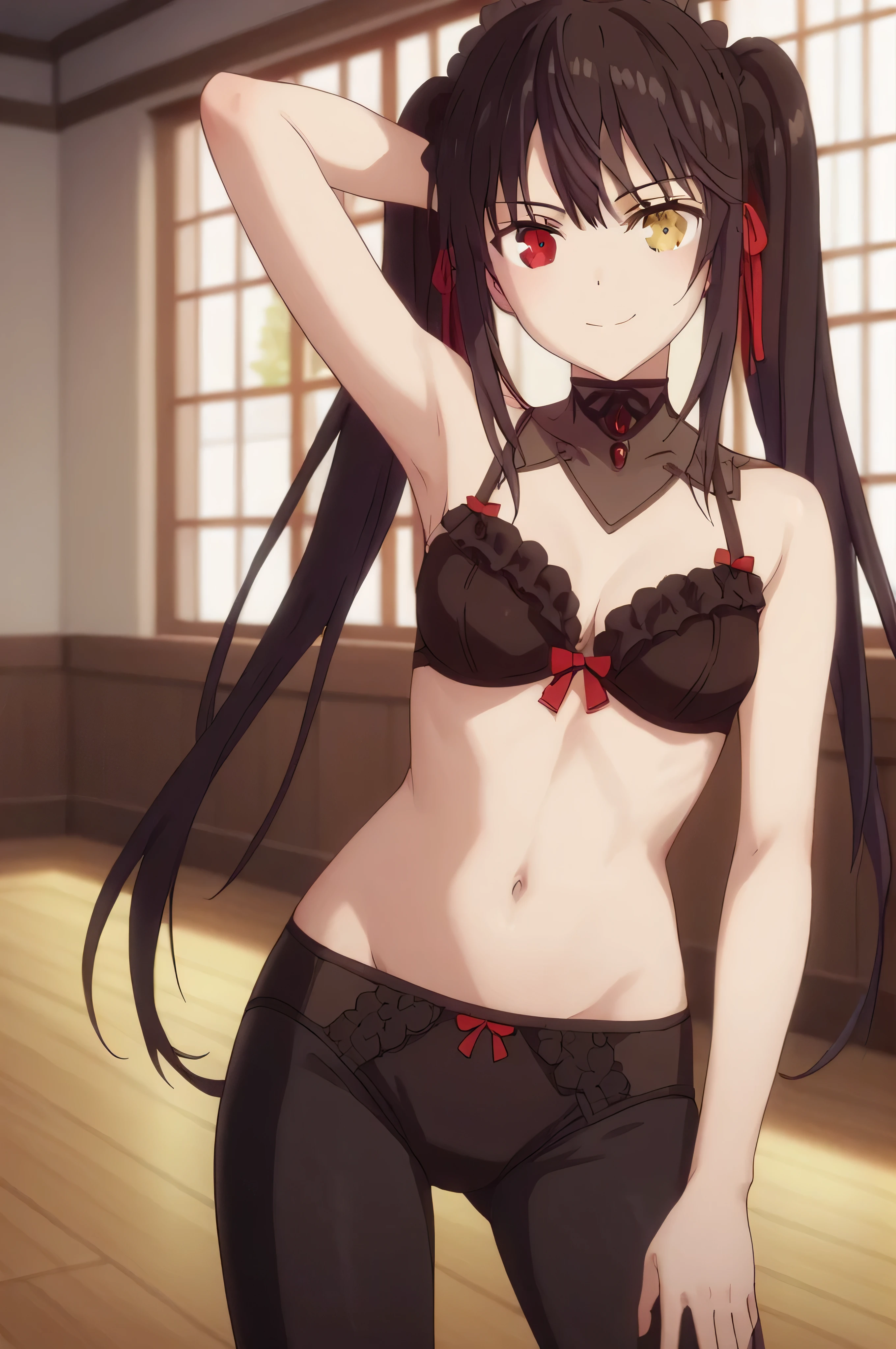 score_9, score_8_up, score_7_up, source_anime,
kurumitokisaki, kurumi tokisaki, black hair,   golden right eye(clock eye), heterochromia and red eyes, long hair, (bunches)
bare shoulder, ribbon, Black bra, bikini, briefs,  black bikini, twintails, low twintails, black silk leggings
indoors, outdoor, smile,
looking at viewer, solo, standing on the floor,  
arm_behind_head,  cowboy shot,