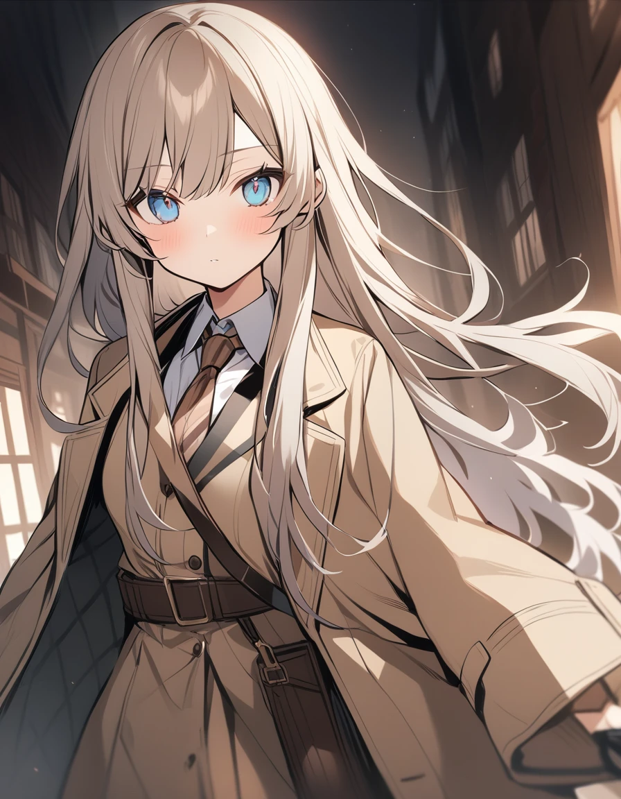 One Girl、Beige hair、Light blue eyes、long hair、Detective's outfit、Bangs、chibi、simple background,smile,Chibi、SD character
