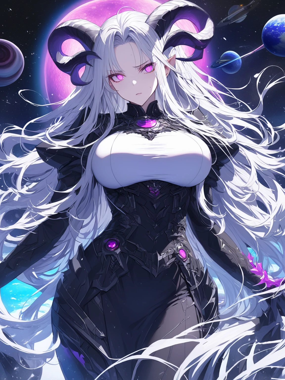 Masterpiece, very detailed, ultra detailed, one, (1 woman), she is in an ancient black futuristic military uniform, and in an full position, long hair, bright white hair, snow-white hair and hair on the sides, white demonic horns, beautiful, charming, bright purple eyes, neon eyes, bright eyes, elegant, big breasts, serious face, cold face, charming, against the background of space planets and a black hole.