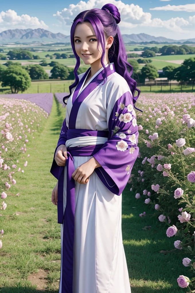 Kimetsu no yaiba screenshot of a woman with white skin purple eyes smiling purple hair with grating roses long hair, landscape of a farm behind her, He is wearing a white and blue kimono, screenshot seanso 2 from ufotable studios 