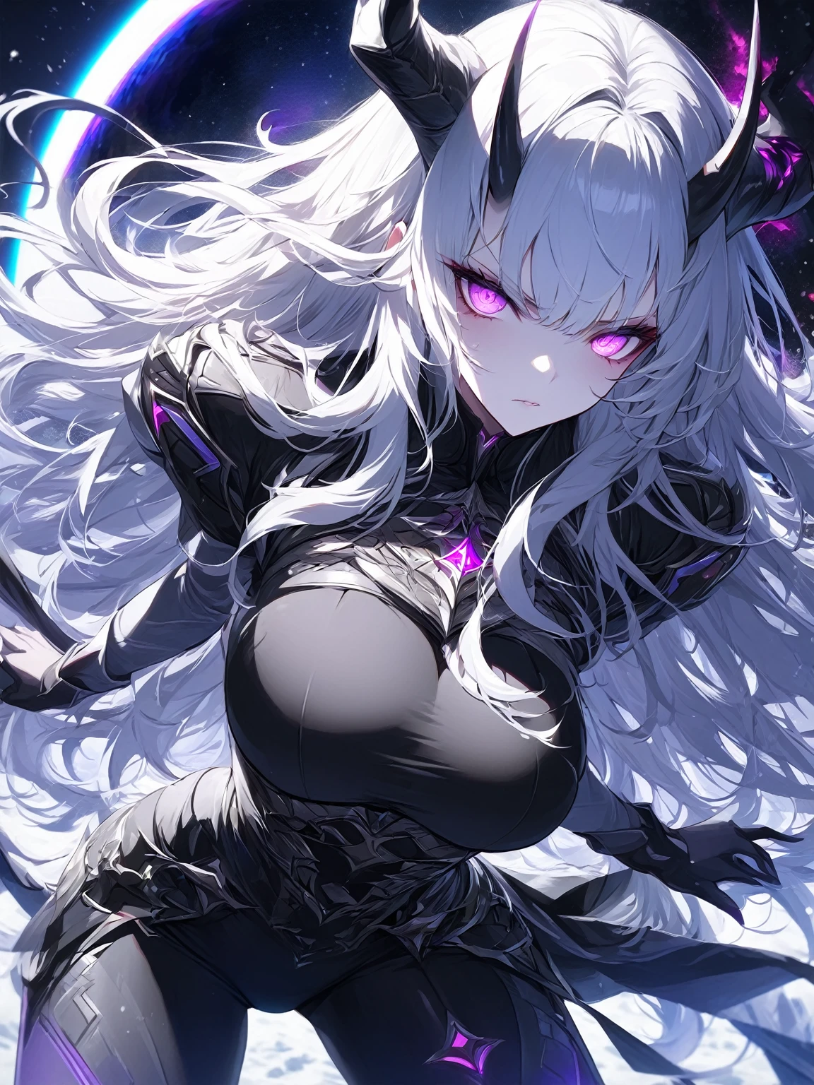 Masterpiece, very detailed, ultra detailed, one, (1 woman), she is in an ancient black futuristic military uniform, and in an full position, long hair, bright white hair, snow-white hair and hair on the sides, white demonic horns, beautiful, charming, bright purple eyes, neon eyes, bright eyes, elegant, big breasts, serious face, cold face, charming, against the background of space planets and a black hole.
