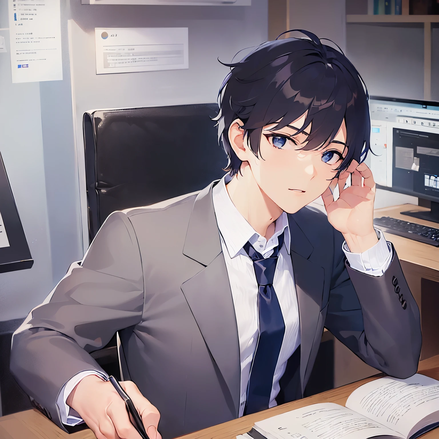 (looking away:1.5), upper body、Looking at the screen,masterpiece、Highest quality、(25-year-old male:1.5) and(Black short hair) and (blue eyes), (suit:1.5) and (Blue tie）、Serious, Background is an office room、(Alone:1.5)