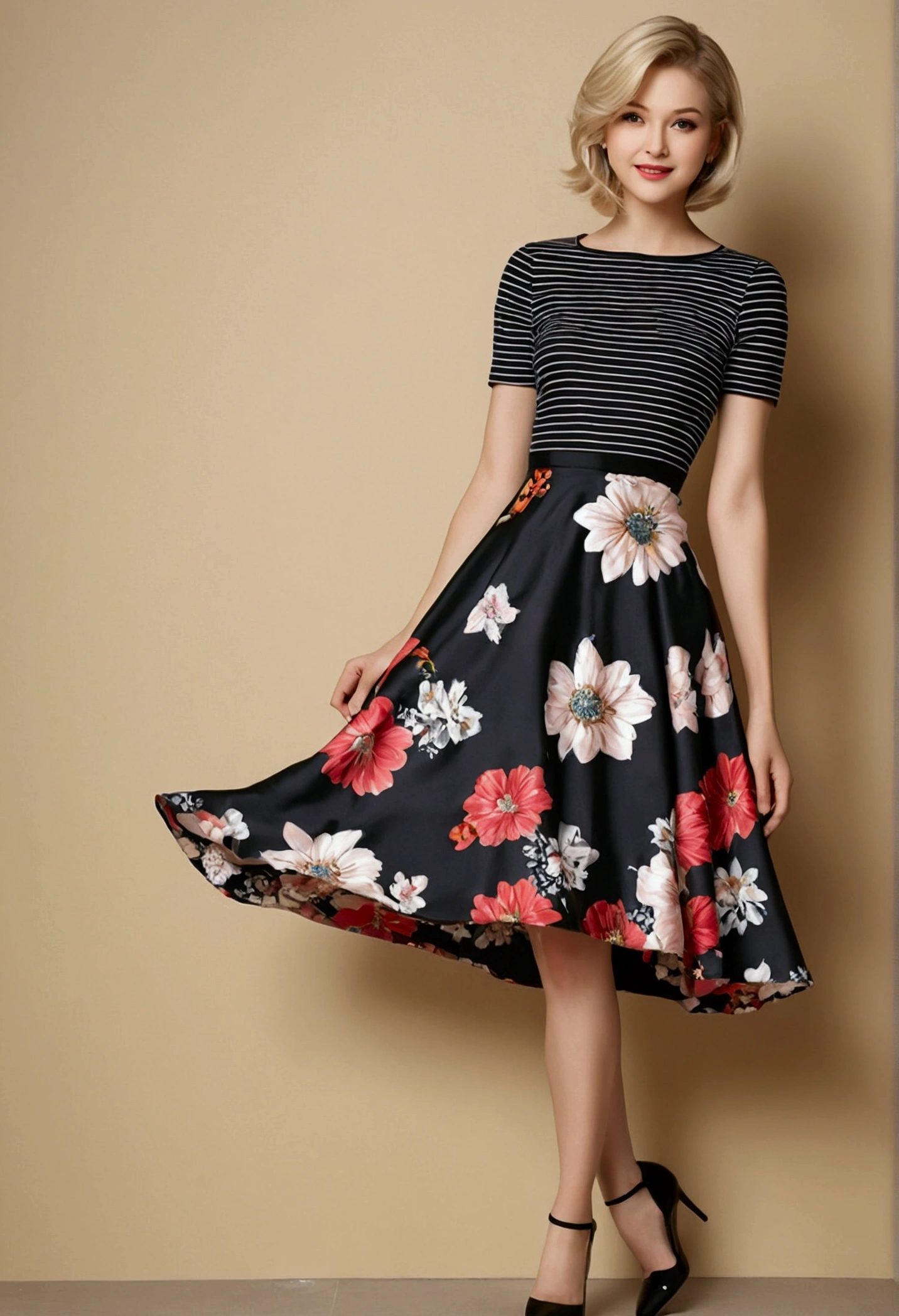 ((masterpiece)),(((Highest quality))),Thin thighs,Long legs,whole body:1.5，(One Girl:1.3),(Black high heels：1.3),(Wearing a floral striped mid-long flared skirt dress:1.2),Short blonde hair:1.2、Model pose with legs spread wide:1.5，Bright expression:1.5