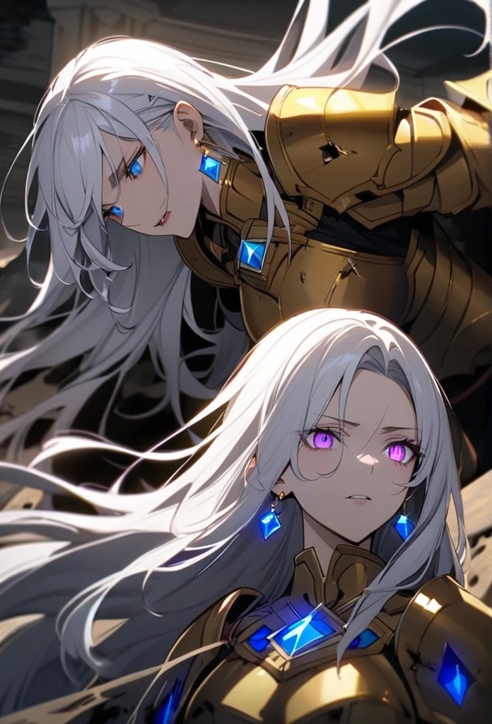 woman, blue eyes, long hair, white hair, mature, god eyes, diamond earings, glowing right eyes, two colors eyes, purple eyes, golden armor, injured, blood,