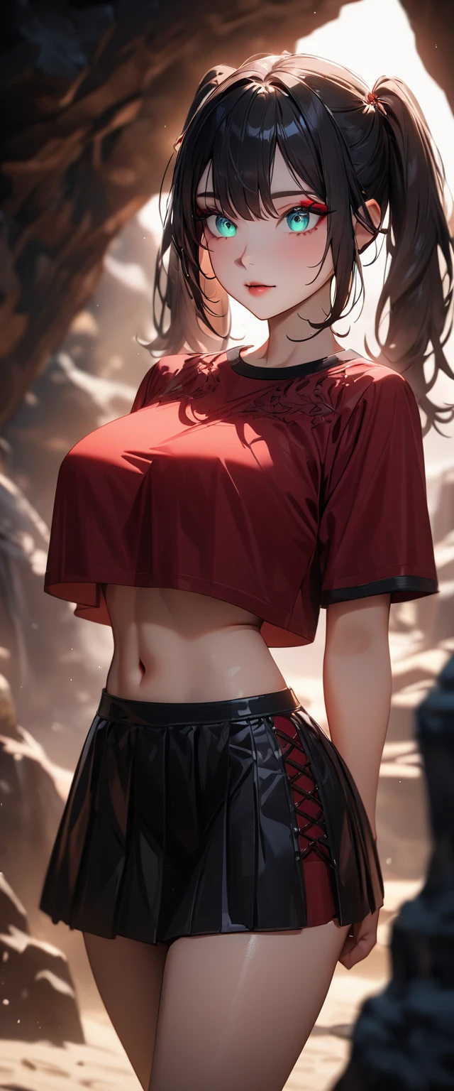 Photo of a woman with natural skin, Upper Body, Seaside cave, The light is shining in, High Twintails, Black hair with red mesh, Sharp eyes with red eyeshadow, Blue-green eyes, Shining eyes, A thin, upturned nose, Well-shaped lips, Big Breasts, ((crop top overhang, mini skirt, Thighs)), Makeup, Exquisitely crafted with the utmost attention to detail, Vibrant, amazing, Smooth, Cinematic, 4K, Backlight, (()), Shallow depth of field, ((Detailed eyes:1.3, Detailed lips:1.3, high quality, )), masterpiece, Super detailed images, High quality