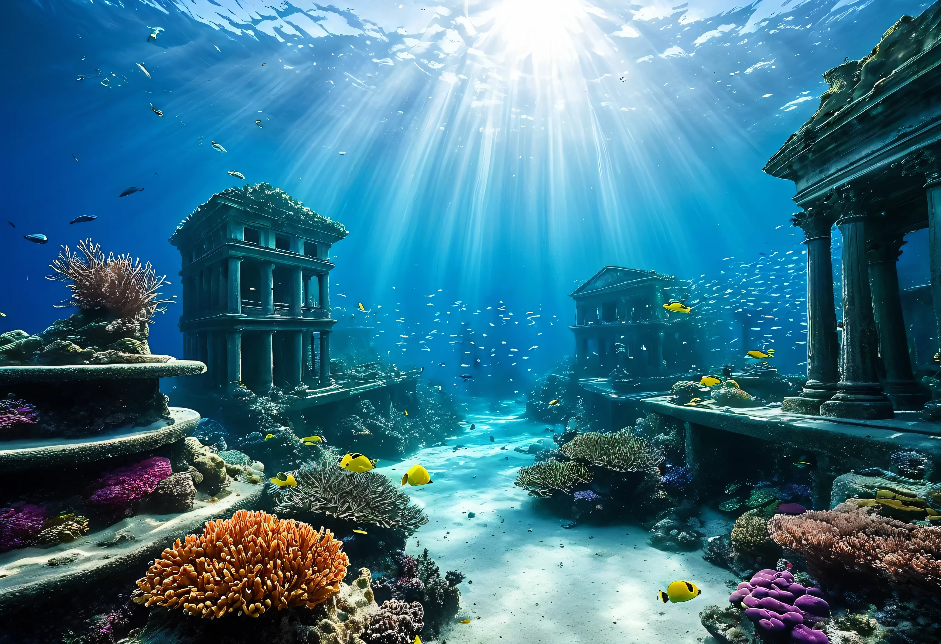 Generate a highly detailed and realistic photo of a submerged city under the ocean. The scene should depict buildings, streets, and structures partially covered by vibrant coral reefs and marine life. Schools of colorful fish swim around the ruins, adding motion and life to the underwater landscape. The city's architecture is clearly visible through the clear, blue water, with seaweed and other marine plants growing on the surfaces. Sunlight filters through the water, casting a soft, ethereal glow over the scene and creating beautiful shafts of light. The foreground features intricate coral formations, anemones, and small marine creatures, enhancing the sense of a thriving underwater ecosystem. The overall atmosphere should evoke a sense of wonder and mystery, capturing the surreal beauty of an urban environment transformed into an underwater paradise.