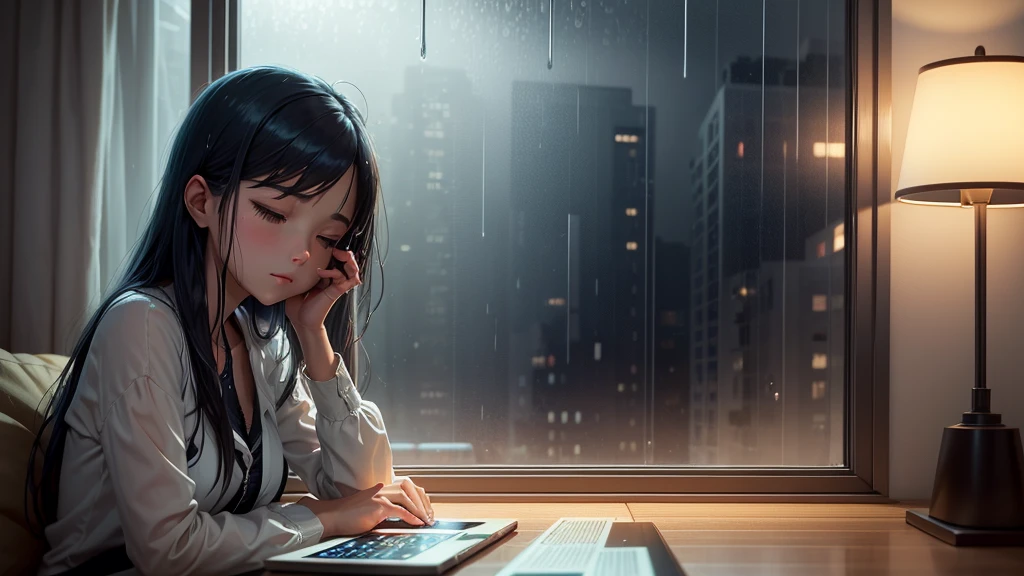 "Anime style illustration of a young woman sleeping next to a window on a rainy night. view from outside. The girl has dark hair and is lying on her arms crossed on the windowsill. an electronic device (tablet o e-reader) is at your side. Raindrops fall intensely, creating a visual pattern in the foreground. The reflection of the city lights is seen in the wet window. Predominant tones: dark blues for the night, warm amber tones for interior lighting. Smooth and atmospheric animation style, similar to the pictures of Makoto Shinkai. Focus on the details of the rain, reflections and texture of glass. The general atmosphere is melancholic and contemplative. Title &#39;The Soul of Rain&#39; visible in the upper right corner.