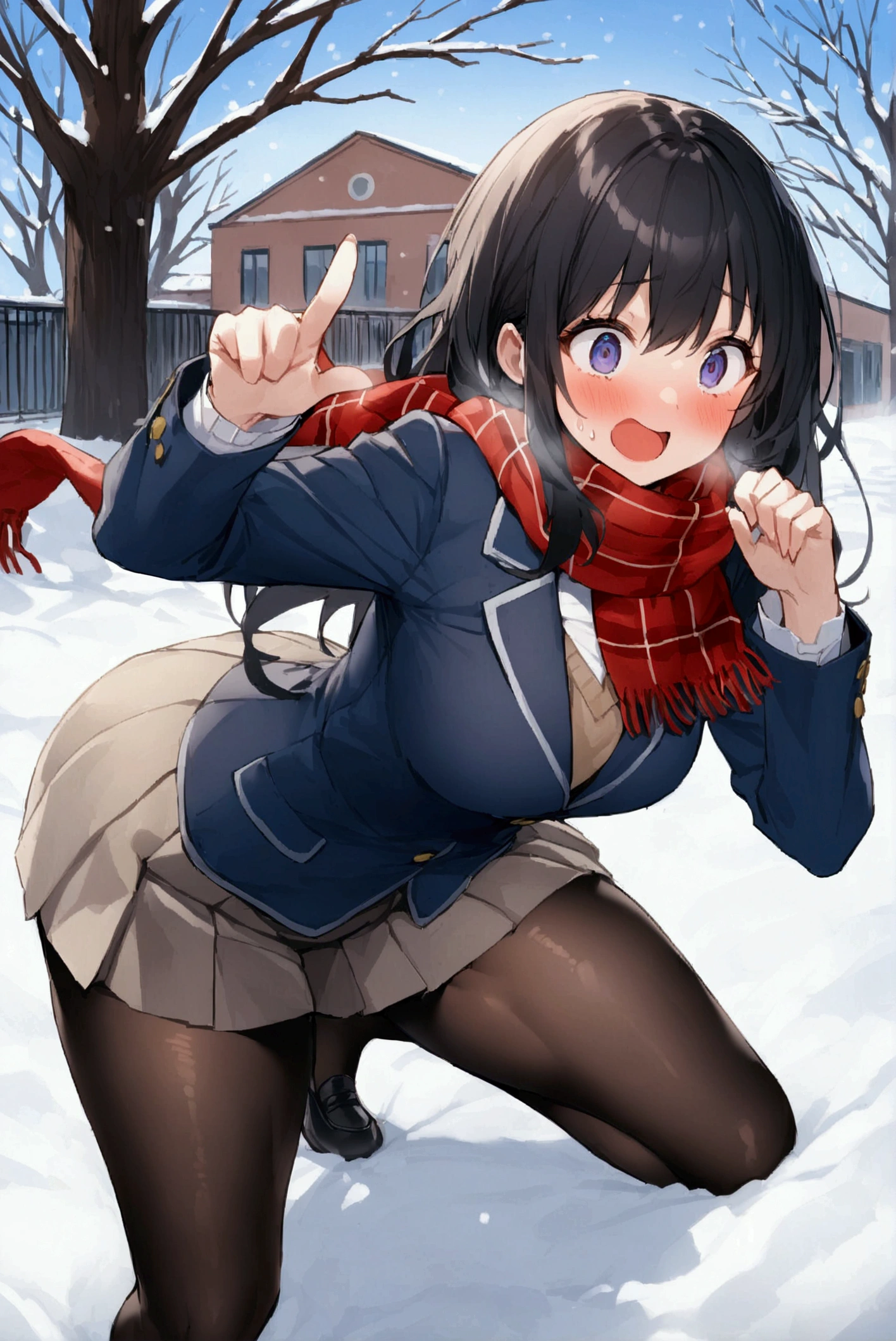 One Woman、beautiful girl、after school、evening、high school girl、Academy、Back of the school building、Schoolyard、winter、Under a big tree、It's snowing、Snowfall、Blazer uniform、Pleated skirt、Duffle coat、Black Pantyhose、Long Hair、Wearing a scarf、Highest quality, Thick thighs、Big 、Big Ass、Black Hair、Slipping on snow、Slip and fall、Fall backwards spectacularly、Black panties、Surprised expression、Fall fancy、Scream、Slam one's ass on the ground、Close ~ eyes、Pointing the buttocks
