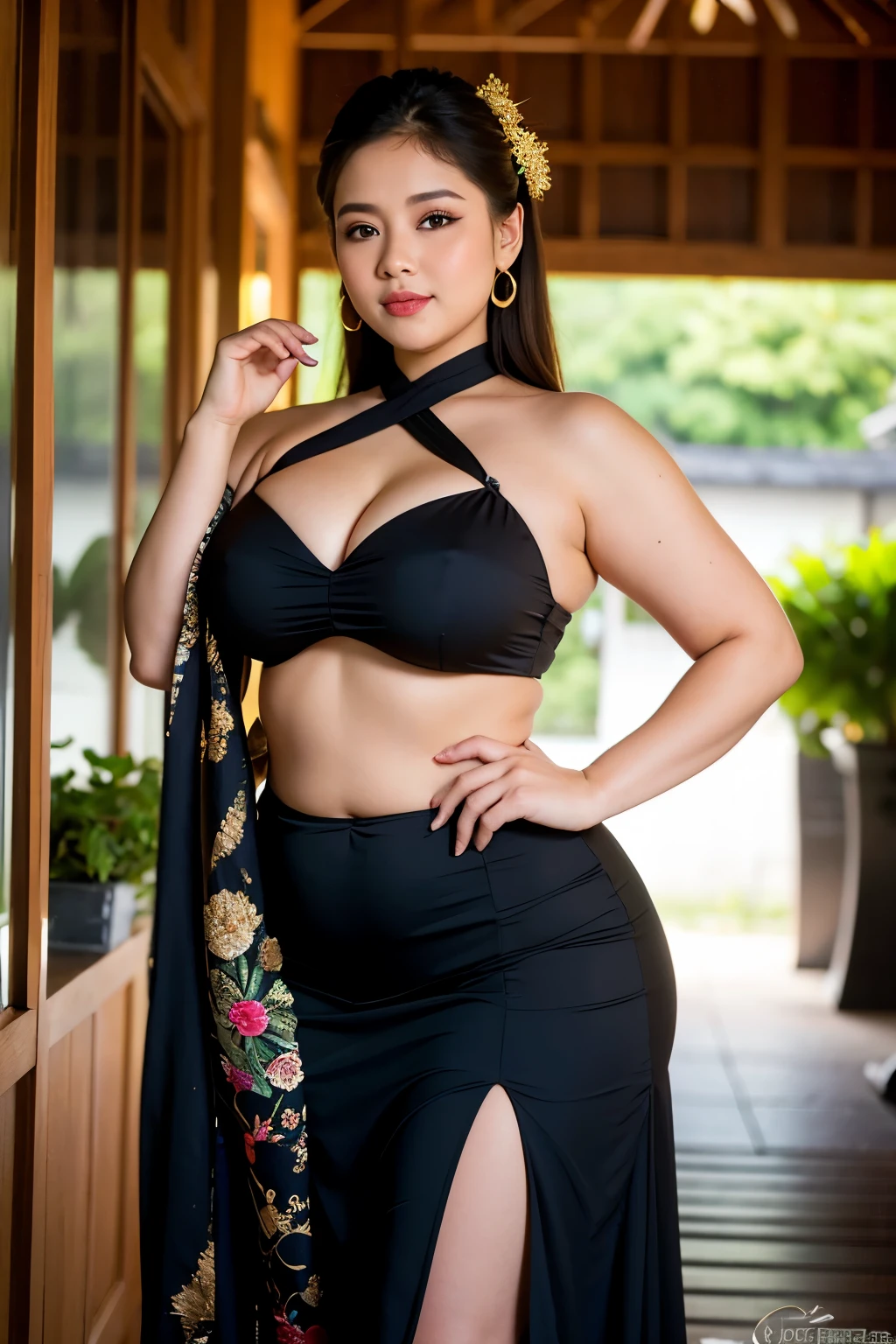 ((best quality)), ((masterpiece)), (detailed), beatiful girl(curvy body) wearing black kebaya the java traditional clothes,bikini