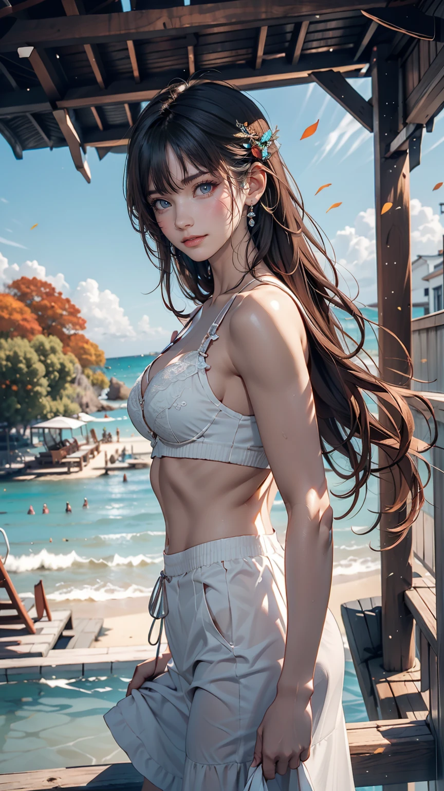 masterpiece,((Clear lines)), Limited edition palette,Highest quality, Flat Color, Low contrast, ((One girl)),(((Very delicate and beautiful girl))),(Beautifully detailed face),(Beautiful attention to detail),{Long Hair},hair ornaments,((Middle chest)),Long black hair,Hair Ribbon, , Are standing,((View your viewers:1.6)), View from below,Beautifully detailed skies,Bright sky,Cloudy,sunlight, (Detailed Light),Lighting,colorful,Ocean,Beach, bridge,The way to school,Skyscraper, autumn, mist、Lace-up sandals、Bra flickering