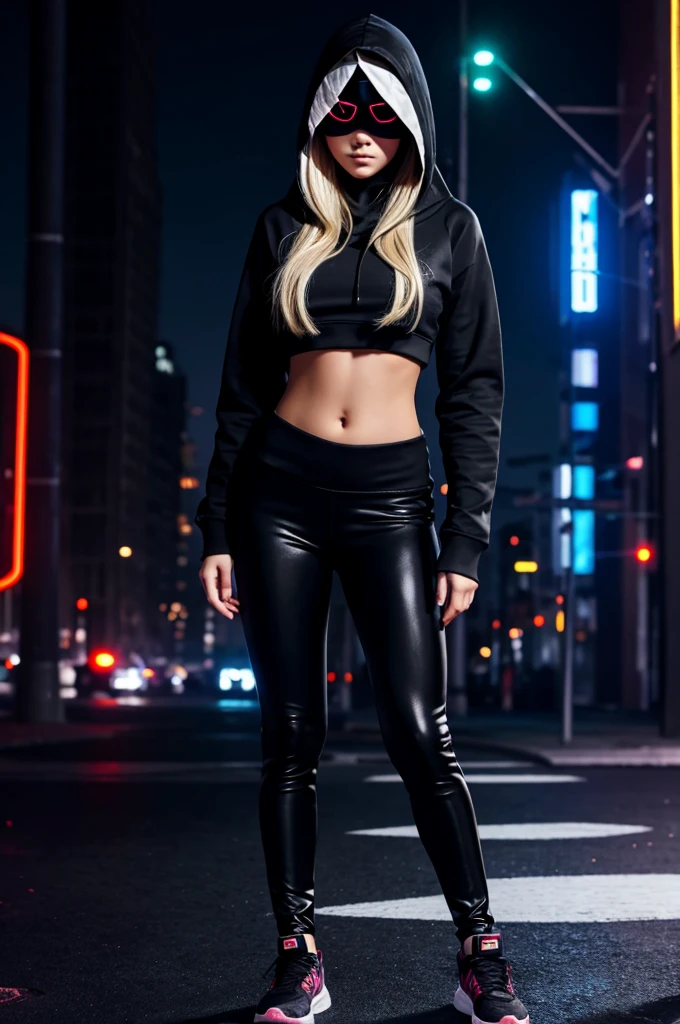 full body maximum image quality, 22 year old quite busty long hair blonde girl wearing a hooded sweatshirt, tight black leggings and a LED hacker mask, with cyber city background 8K full HD