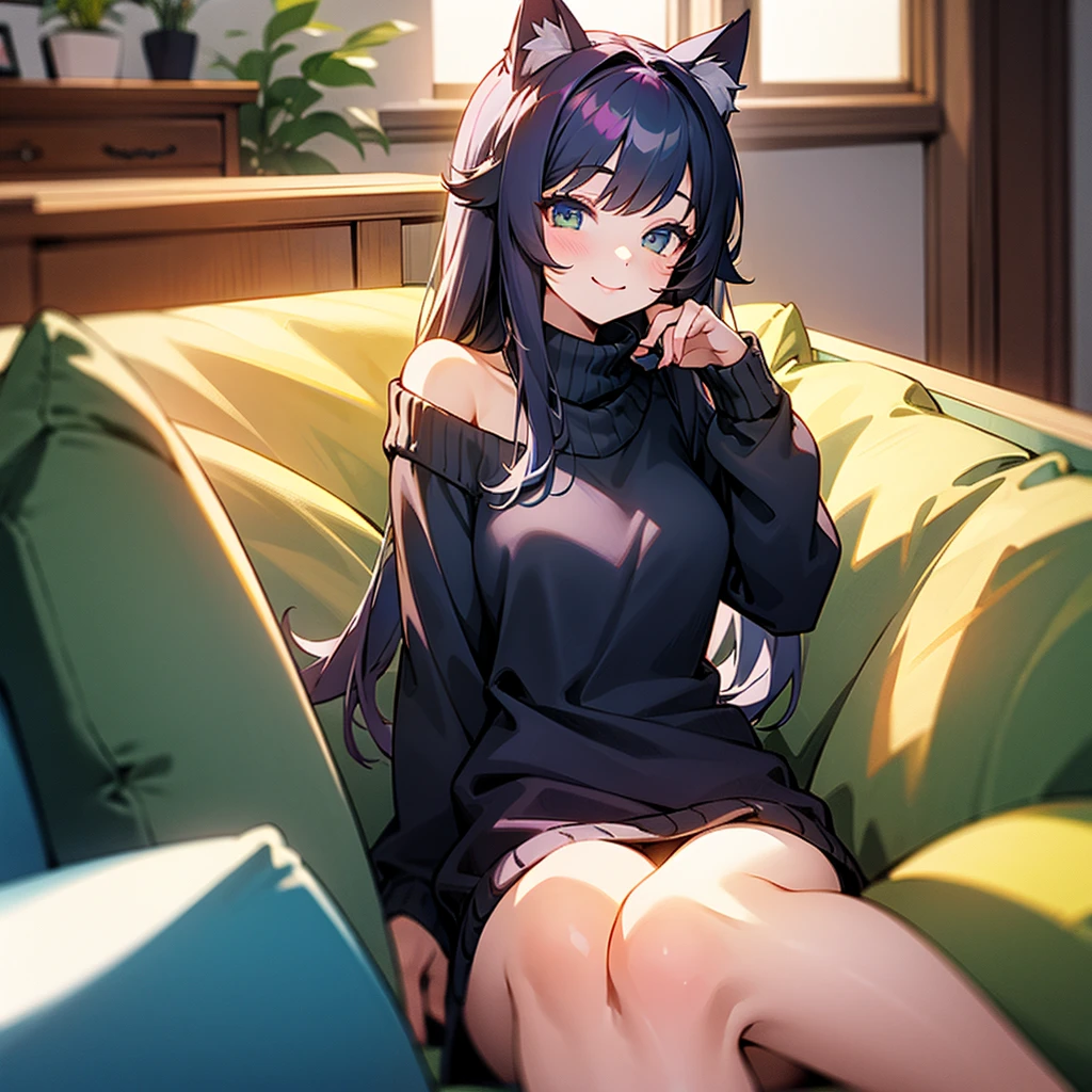 1girl, cat ears, an open shoulder sweater, smiling, in a living room