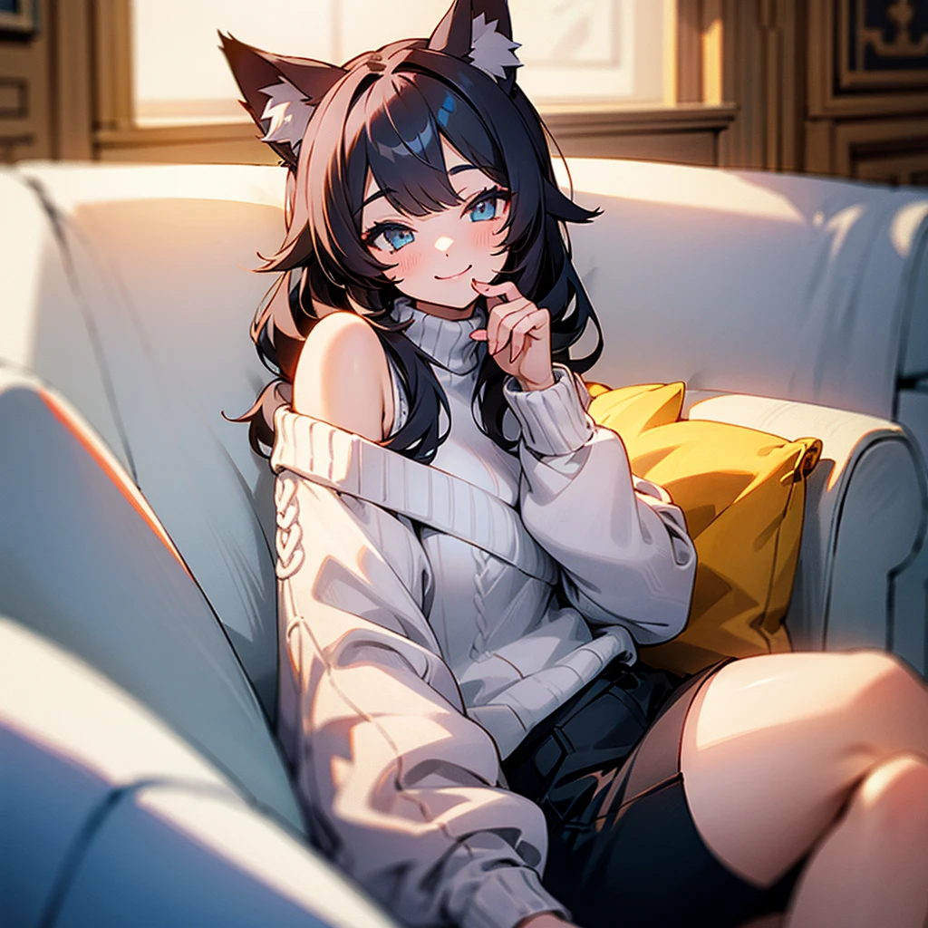1girl, cat ears, an open shoulder sweater, smiling, in a living room