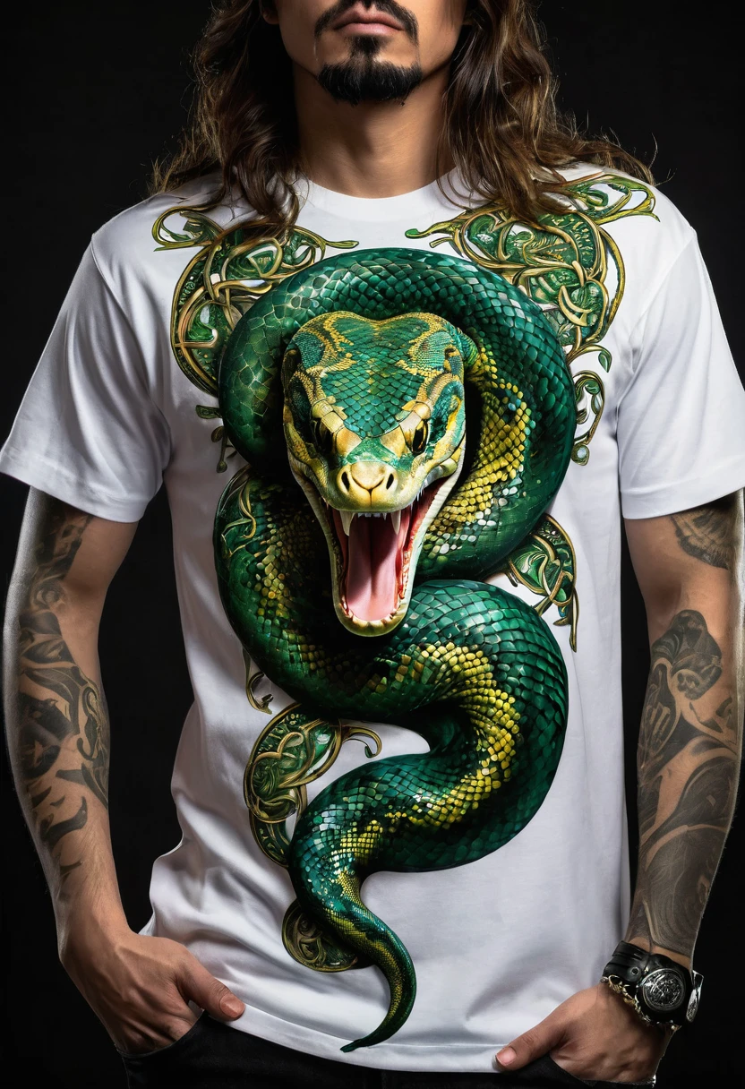 t-shirt designs, Create a menacing white t-shirt with a full-length python motif inspired by the aesthetics of heavy metal music. The artwork features an elegant style, python dourado e verde claro enrolado sinuosamente, its scales shining in the dim light. python'The mouth is wide open, revealing rows of sharp teeth dripping with blood, exuding a raw feeling, primitive aggression, clear sky and bright sun in the background, improving the sinister atmosphere of the design. python'the eyes shine with a malevolent shine, capturing the essence of danger and violence. The overall style is bold and intense, embodying the dark and edgy spirit of heavy metal music.