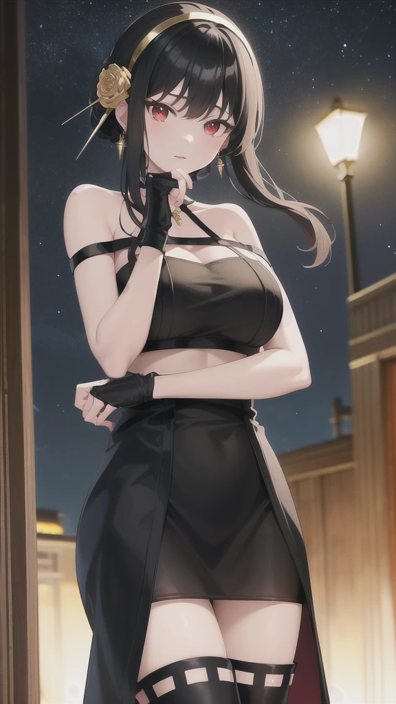 masterpiece, best quality, highres, aayorf, sidelocks, gold hairband, hair ornament, red eyes, gold earring, large breasts, choker, bare shoulders, black dress, two-sided dress, fingerless gloves, thigh boots, cowboy shot, standing, looking at viewer, outdoors, night