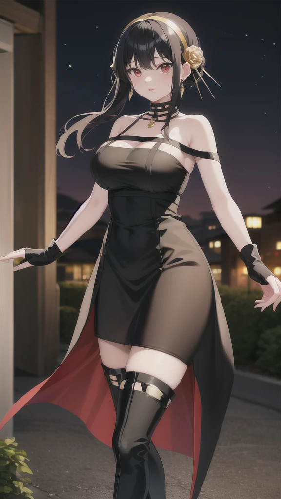 masterpiece, best quality, highres, aayorf, sidelocks, gold hairband, hair ornament, red eyes, gold earring, large breasts, choker, bare shoulders, black dress, two-sided dress, fingerless gloves, thigh boots, cowboy shot, standing, looking at viewer, outdoors, night