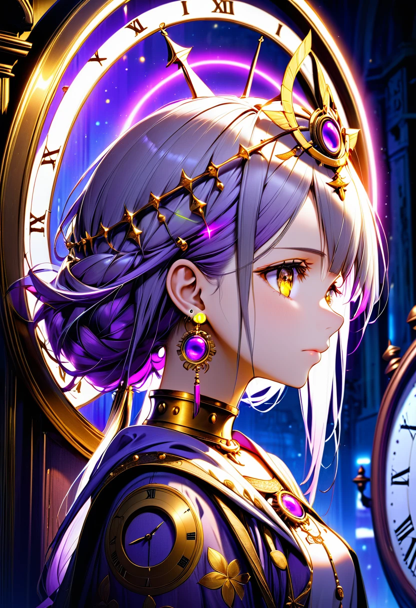 High resolution, high quality, High-resolution model, High detail, Very detailed, goddess, A sad expression, Golden Eyes, Face seen from the side, Her hair is a gradation of silver and purple., Circlet, Neon-like earrings, Neon-like light in the background, In the background, an old clock extends off the screen., West Shot, The background is illuminated with neon-like light from above.