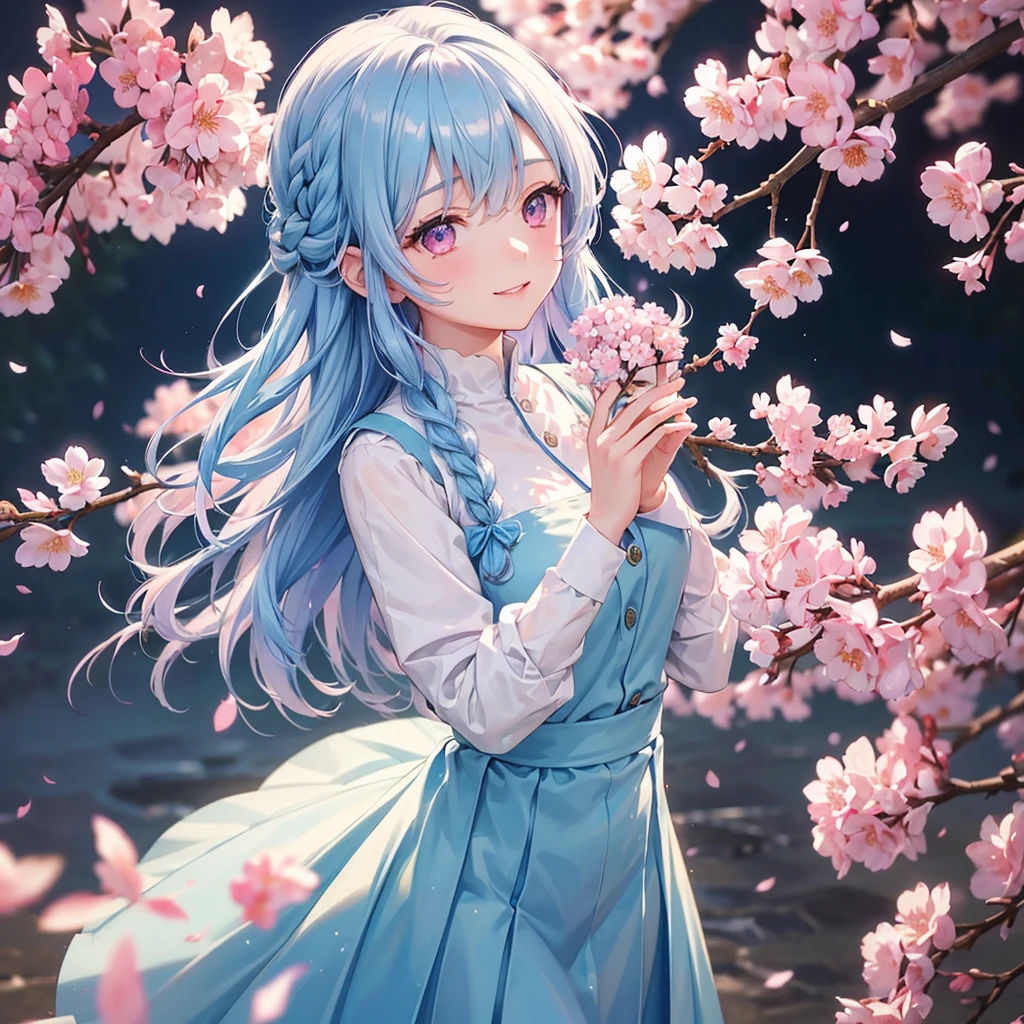 (Light Blue Medium Hair),(Braided Hair)、Pink Eyes、Fair skin、(whole body)、(uniform)、Cherry Blossoms at Night、Big smile、A dignified figure、alone、(masterpiece、Highest quality、Very detailed、Best Shadow)、(Detailed Background)、(Beautifully detailed face)、High Contrast、(Best lighting、Very delicate and beautiful)、((Cinematic Light))、colorful、Hyper Detail、Dramatic Light、Exquisite detail、