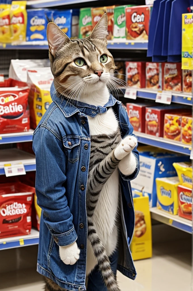 Cat is hungry in super store wearing clothes