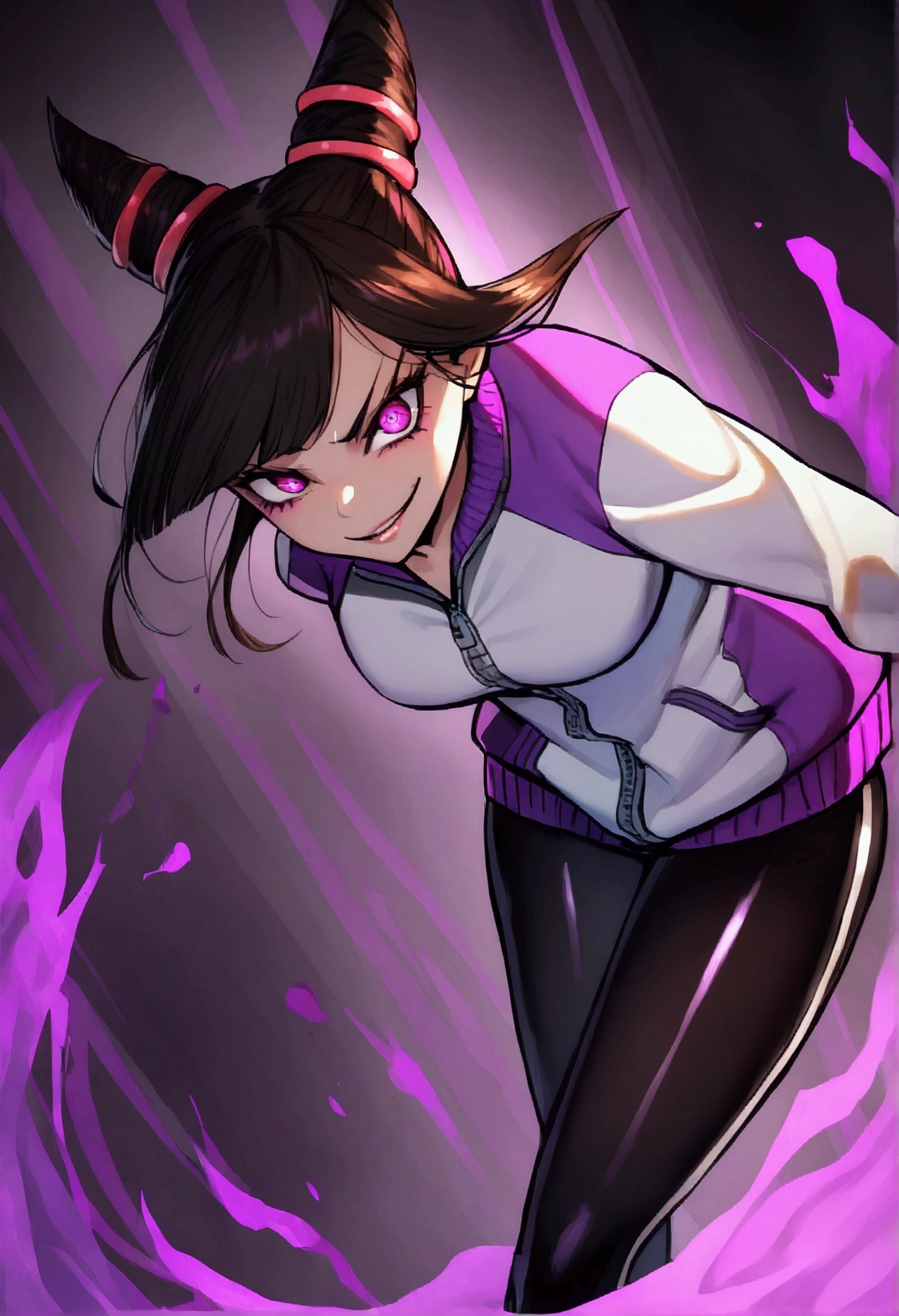 juri han,wearing white and purple gym jacket,horn hair,purple eyes shining bright,legging preta e roxa de academia,purple aura,evil smile,bangs on the eyes,detailed hair
