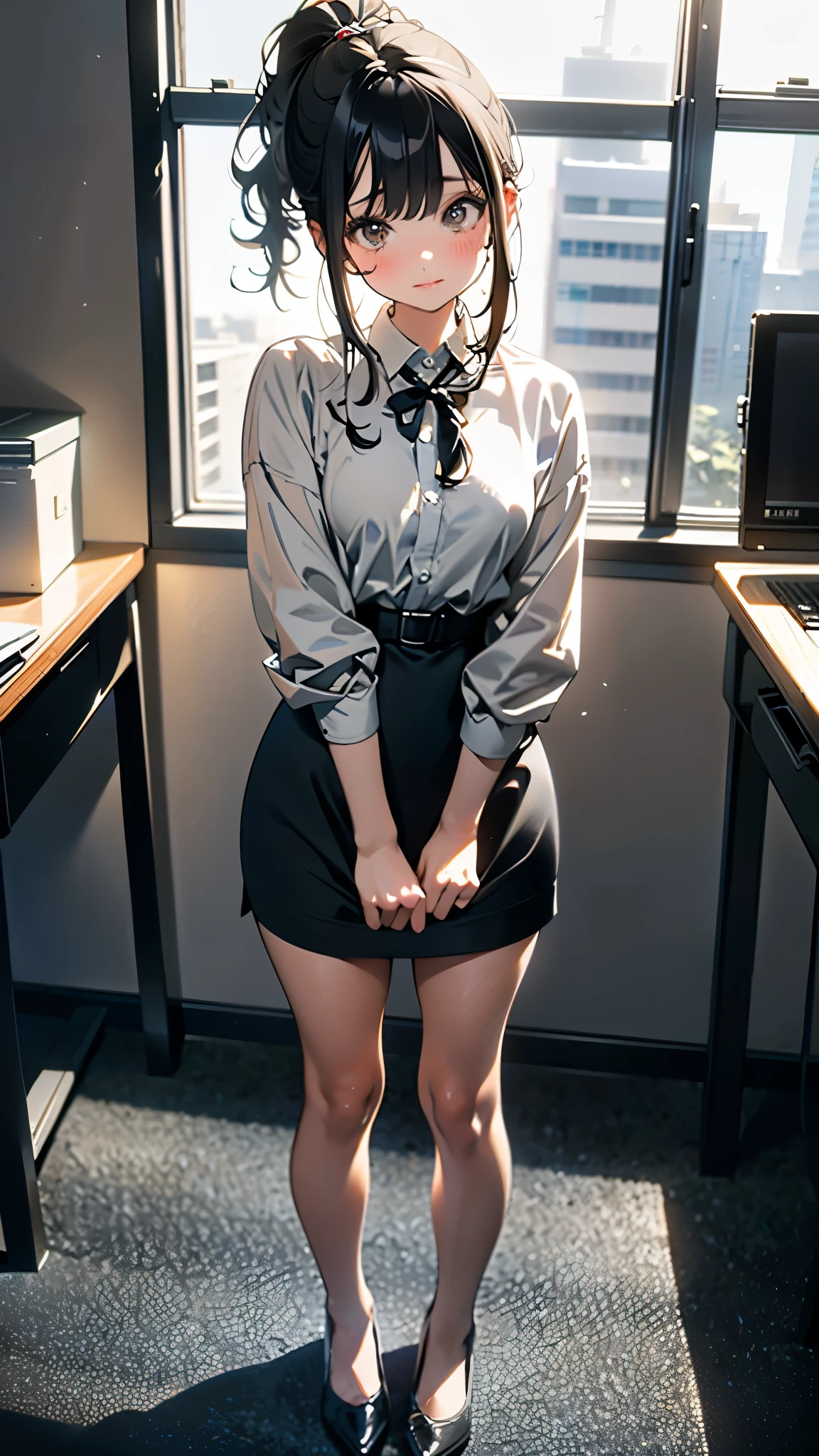 photorealistic,and sharp focus,Highly detailed, masterpiece, ultra-detailed, illustration, best quality,Full body,((2 girls)),(Stand side by side),((1 girl Body facing forward)),((other girl Body back facing forward)),bangs,((long hair)),BDSM,blush,black collar,arms behind back,bondage,neck lock in a black collar,hands behind her back in an anti-prayer posture,wrist attached to her collar with a piece of chain , Large window, City view outside window, white shirt, breasts apart,jewelry, ((huge breasts)),Black long pencil skirt, black stiletto heels