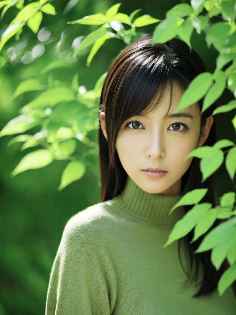 Slender Japanese woman staring at the camera、Black turtleneck sweater、Green tree on background々or bushes、High resolution、High resolution images、photo from the waist up