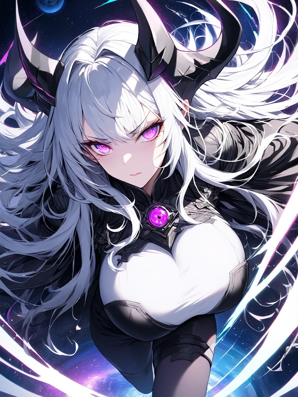 Masterpiece, very detailed, ultra detailed, one, (1 woman), she is in an ancient black futuristic military uniform, and in an full position, long hair, bright white hair, snow-white hair and hair on the sides, white demonic horns, beautiful, charming, bright purple eyes, neon eyes, bright eyes, elegant, big breasts, serious face, cold face, charming, against the background of space planets and a black hole.