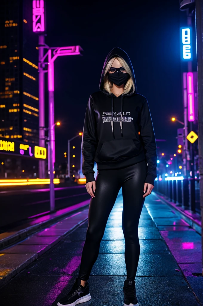 full body maximum image quality, 22 year old quite long hair blonde girl wearing a hooded sweatshirt, tight black leggings and a LED hacker mask, with cyber city background 8K full HD