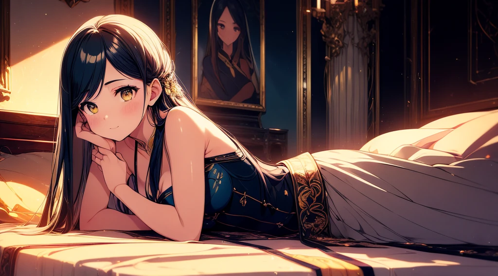 One mature girl with long blue and yellow eyes sitting on the bed with her legs spread , night, An adult face with attention to detail, Tie your hair on the left side, Golden Eyes, Just Play, Bare shoulders, White noble priest dress, High resolution, Ultra Sharp, 8k, masterpiece, smile, Fantasy World, magic sparkle background ((Highest quality)), ((masterpiece)), 3d, High resolution (High Dynamic Range),Ray Tracing, NVIDIA, Super Resolution, Unreal 5,Scattered beneath the surface, PBR Texturing, Post-processing, Anisotropic Filtering, Depth of written boundary, Maximum clarity and sharpness, Multilayer Texture, Albedo and Specular Maps, Surface Shading, Accurate simulation of light-matter interactions, Perfect Proportions, Octane Rendering, Two-tone lighting, wide aperture, Low ISO, White balance, Three-part method,8k born, aura, masterpiece, Highest quality, Mysterious look, Magical effects like glow and energy, Flowing robes and seductive outfits, 機械的なbornき物や神秘的な背景, Rim Light, Side lighting, Cinematic Light, ultra High resolution, 8k uhd, Film Grain, Best Shadow, delicate, born, Particles of light, Detailed skin texture, Detailed cloth texture, Beautiful Face, (masterpiece), Highest quality, Expressive eyes, Perfect Face,