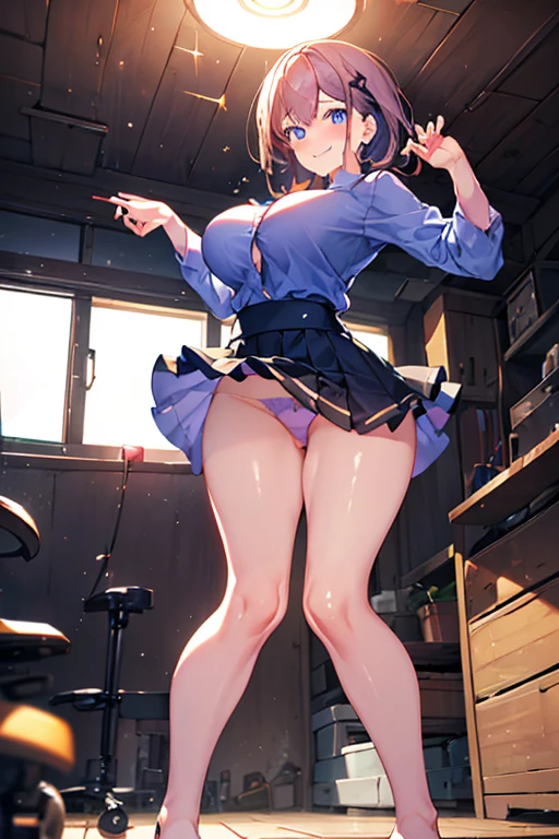 Beautiful breasts,(from below:1.2),(from side:0.9), ((Face)), (Close-Up:0.4), (real、photorealistic:1.4),(RAW photo:1.2),highest quality,(4k, Best Quality, High Resolution: 1.1), (Realistic, Photorealistic:1.1), a 18yo Girl, Fine blue Eyes, Fine Complexion, (Look Viewer:1.2), Cute, Pure, Long Eyelashes, Upper Body, Blush, Random Clothes:1.3, Realistic Light, Realistic Shadows, [Blurred Background], Eye Focus, Professional Lighting, Photon Mapping, Radiosity, Physically based rendering, high detail, big hairpin，full body esbian，the skirt is floating in the wind、Dark purple panties、thin Pubic hair ,(with sparkling eyes and a contagious smile),cute mouth, highest quality, high resolution,Real World, Natural light,perfect Natural light, Looking at Viewer,
