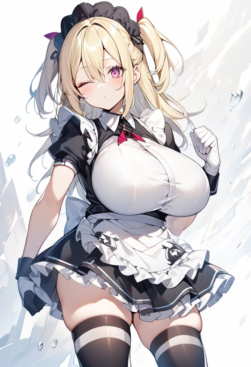 (One girl)、((medium length hair))、(sidelock)、((Blonde))、(slan eyes)、（boyish）、cute、(Big super breasts)、((Chubby))、Maid、No sleeve、mini skirt、White sleeveless、thigh-high socks thighhighs、(long gloves)、hairs between eyes、(coarse hair)、[flipped hair]、pink eye、expressionless、one eye closed、arm behind back、two side up、White Background、