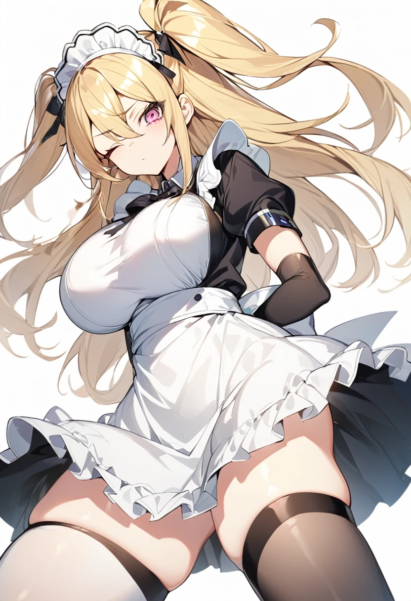 (One girl)、((medium length hair))、(sidelock)、((Blonde))、(slan eyes)、（boyish）、cute、(Big super breasts)、((Chubby))、Maid、No sleeve、mini skirt、White sleeveless、thigh-high socks thighhighs、(long gloves)、hairs between eyes、(coarse hair)、[flipped hair]、pink eye、expressionless、one eye closed、arm behind back、two side up、White Background、