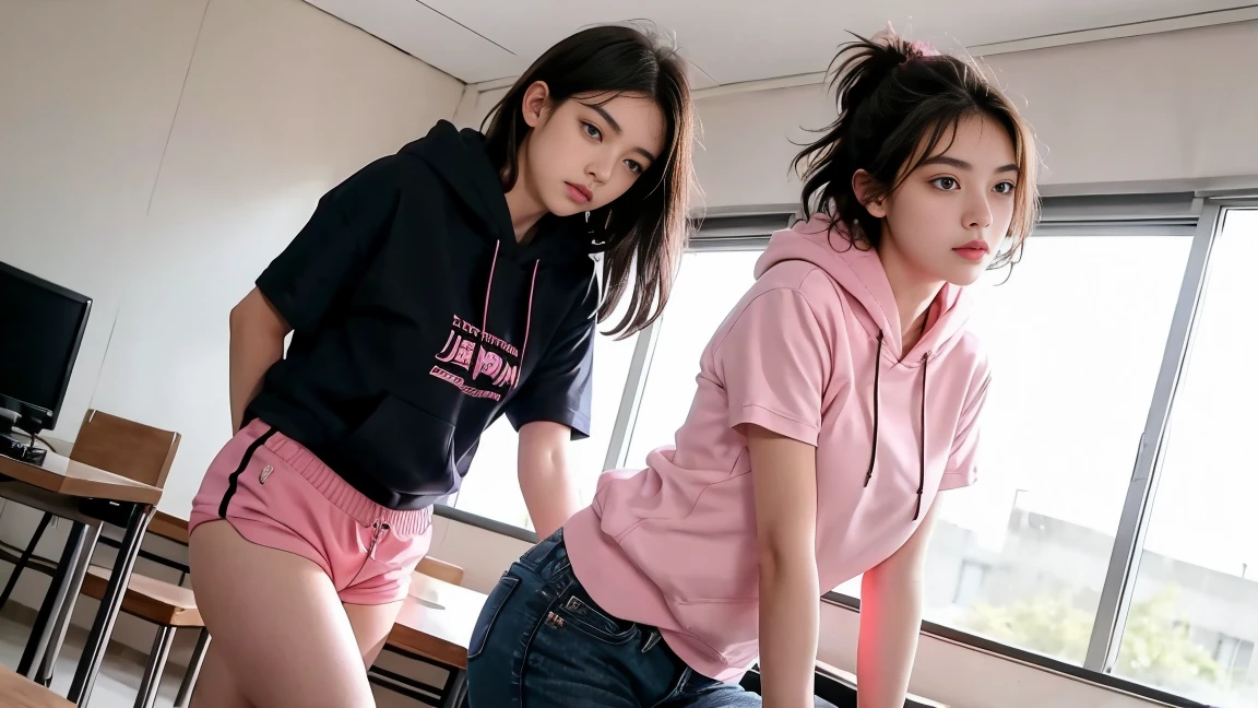 deux femmes ensemble de 18 ans sexy et mince , pink short sleeve hoodie , salle de classe, se touche,position sey,sensuel