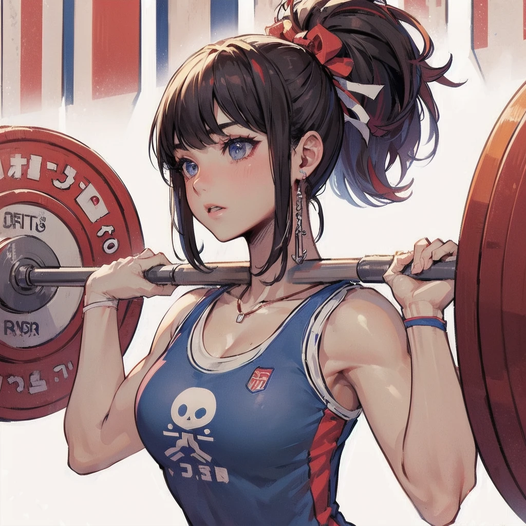  masterpiece, (textured skin), best quality, gorgeous beautiful girl, (a female weightlifting athlete), detailed clothes,large breasts,narrow waist,, (beautiful face), cinematic lighting, (at weightlifting venue ),