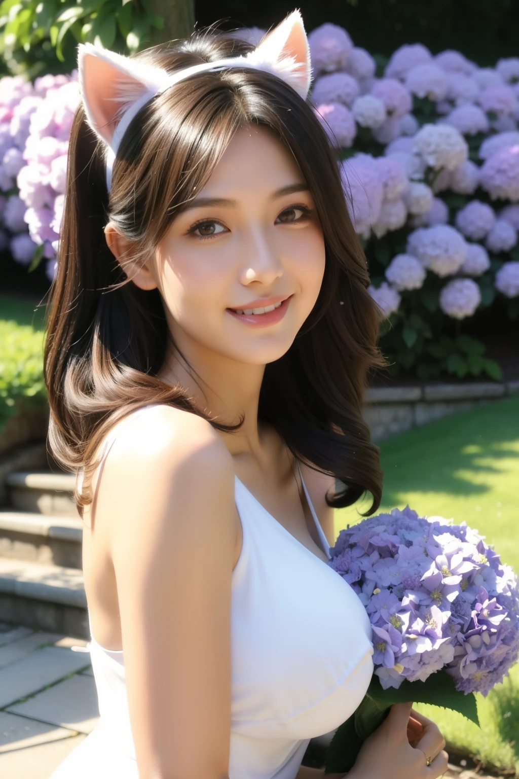 masterpiece, best quality, 1girl,  pretty girl，looking at viewer，embarrassed, huge tit, mature_lady, sweat,covered_nipples,white_dress,white_dress,wet_clothes,(cum_on_body:1.2),,Lynette, animal ear fluff, Animal ears, Cat ears, facial mark, Hair Bow, Purple_eyes, Brown hair, Star, Star on cheek,,showing a pregnancy test, 1girl, (close-up of face:1.2), blush,smile,grin,,Wallpaper Fusion, dappled sunlight, day, flower, hydrangea, leaf, light rays, nature, outdoors, path, plant, purple flower, scenery, stairs, sunlight, torii, tree, wisteria,surrounding by flowers,falling_petals, petals,,pussy_juice