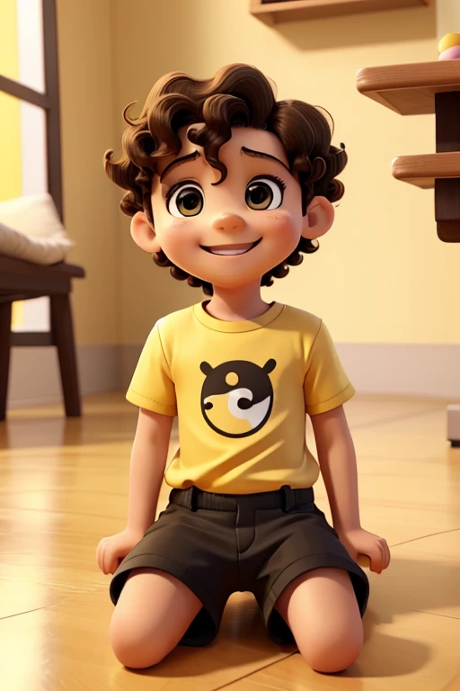 a photo of tonton carinss, a 2 year old boy, happy and smiling, white, short curly brown hair, brown eyes, yellow shirt, black shorts, sitting on the floor