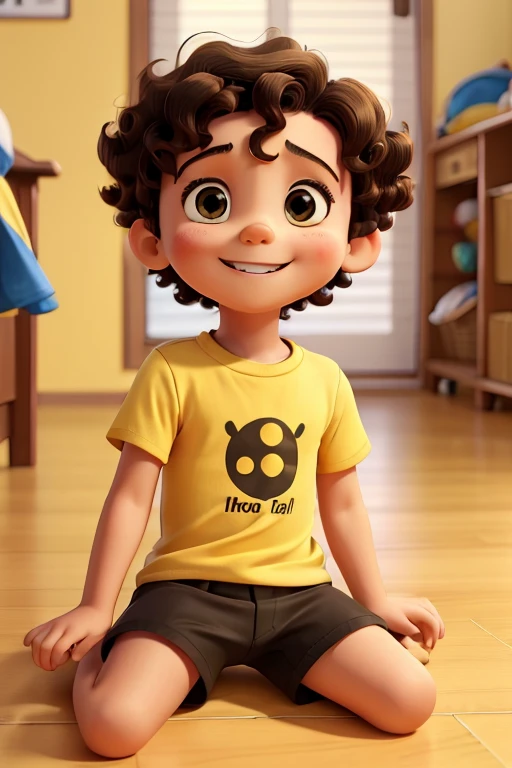a photo of tonton carinss, a 2 year old boy, happy and smiling, white, short curly brown hair, brown eyes, yellow shirt, black shorts, sitting on the floor