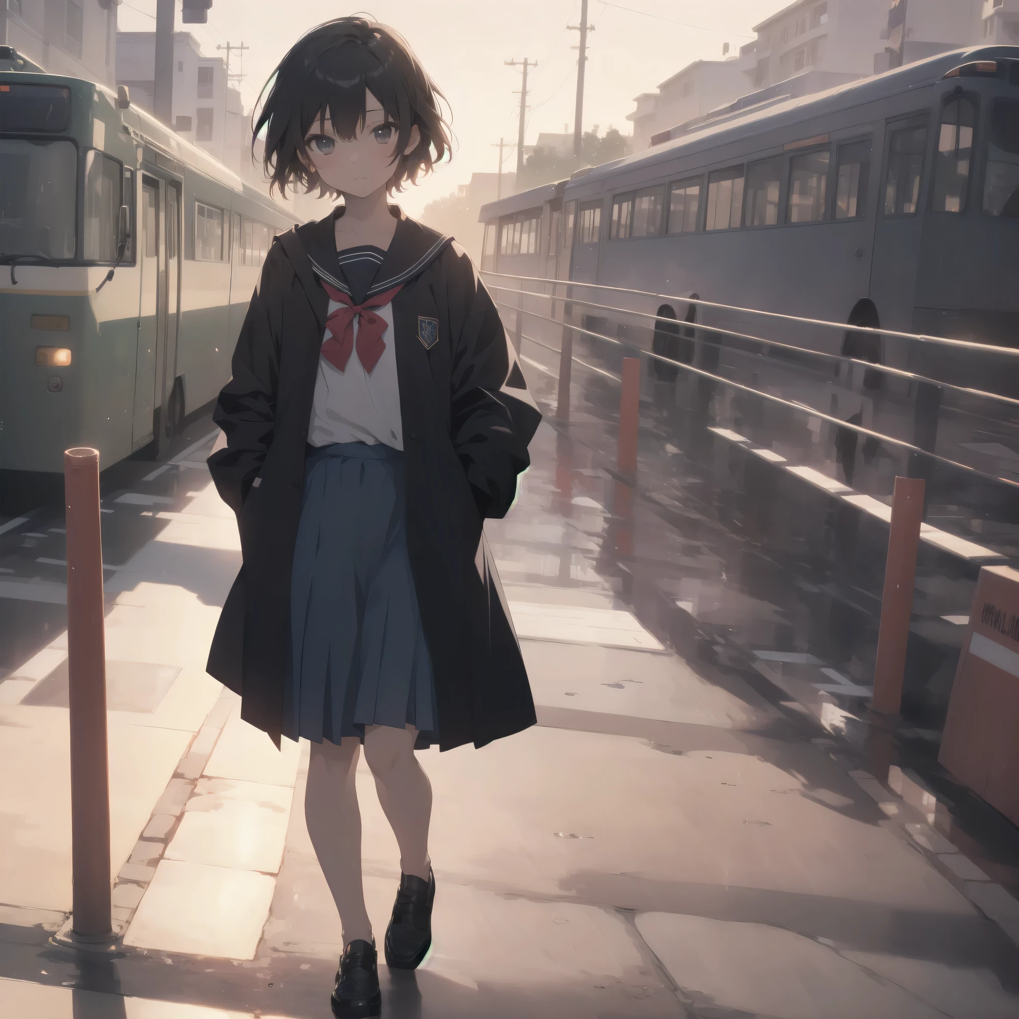 ultra-absurdres-Top quality by artist God, ultra-detailed, high resolution, anime moe artstyle, best anime 8k konachan wallpaper, pixiv contest winner, pool:2810, perfect anatomy,break, 1girl, (Please draw a girl walking sleepily to school alone. )break,(Solo,little female, 13-year-old:1.3),Full limbs, complete fingers,a junior high school student, (very short hair), short cut, flat chest, , small butt, small black eyes, beautiful detailed eyes, well-proportioned iris and pupils, expressive eyes, highres detailed hair, soft expression, salor school_uniform, sailor collar, serahuku, bow, pleated skirt,(Detailed Lighting), (Detailed background), in the School commute route. break,super detailed skin, Best cinematic lighting powered by famous artist, 8k,beauty illustration,photoshop_(medium),very aesthetic,break,((artist:kotorai )), artist:clamp ,artist:carnelian ,artist:kantoku ,
