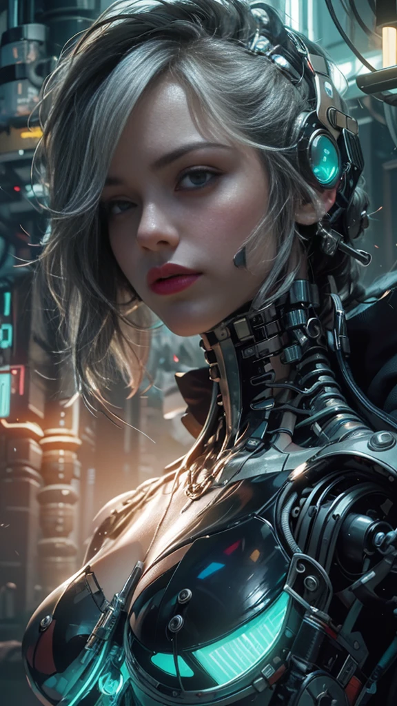 top quality, masterpiece, ultrahigh resolution, ((photorealistic: 1.4), RAW photo, 1 cyberpunk android Chica, shiny skin, (Ultra realistic details)), mechanical limbs, Tubes connected to mechanical parts, Mechanical vertebrae attached to the spine, mechanical cervical attachment to the neck, Wires and cables that connect to the head, evangelion, ((Ghost in the shell)), small bright LED lamps, global ilumination, deep shadows, Octane rendering, 8k, ultra Sharp, metal, Intricate ornamental details, baroque details, Very intricate details, Realistic light, CGSoation tendencia, in front of camera, neon details, (Android factory in the background), art by H.r. Giger and Alphonse Mucha.white hair