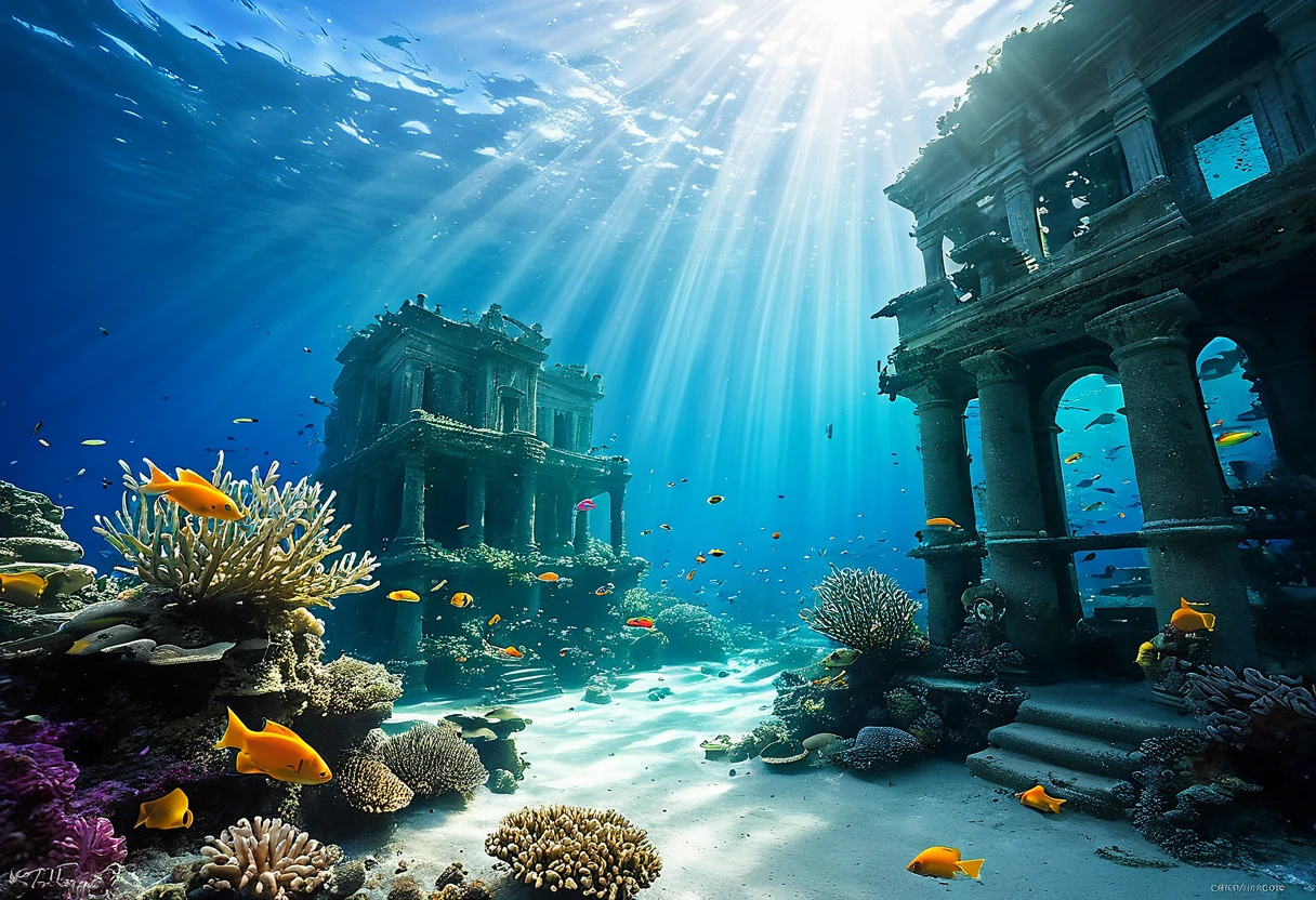 Generate a highly detailed and realistic photo of a submerged city under the ocean. The scene should depict buildings, streets, and structures partially covered by vibrant coral reefs and marine life. Schools of colorful fish swim around the ruins, adding motion and life to the underwater landscape. The city's architecture is clearly visible through the clear, blue water, with seaweed and other marine plants growing on the surfaces. Sunlight filters through the water, casting a soft, ethereal glow over the scene and creating beautiful shafts of light. The foreground features intricate coral formations, anemones, and small marine creatures, enhancing the sense of a thriving underwater ecosystem. The overall atmosphere should evoke a sense of wonder and mystery, capturing the surreal beauty of an urban environment transformed into an underwater paradise.