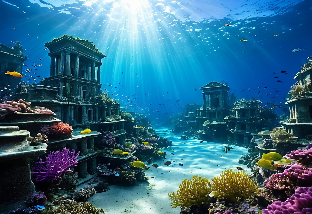 Generate a highly detailed and realistic photo of a submerged city under the ocean. The scene should depict buildings, streets, and structures partially covered by vibrant coral reefs and marine life. Schools of colorful fish swim around the ruins, adding motion and life to the underwater landscape. The city's architecture is clearly visible through the clear, blue water, with seaweed and other marine plants growing on the surfaces. Sunlight filters through the water, casting a soft, ethereal glow over the scene and creating beautiful shafts of light. The foreground features intricate coral formations, anemones, and small marine creatures, enhancing the sense of a thriving underwater ecosystem. The overall atmosphere should evoke a sense of wonder and mystery, capturing the surreal beauty of an urban environment transformed into an underwater paradise.