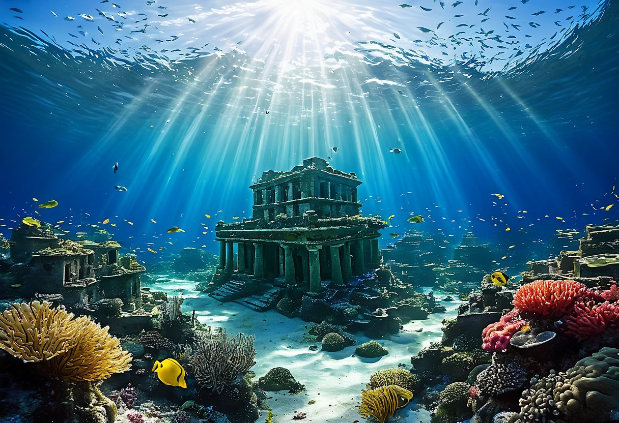 Generate a highly detailed and realistic photo of a submerged city under the ocean. The scene should depict buildings, streets, and structures partially covered by vibrant coral reefs and marine life. Schools of colorful fish swim around the ruins, adding motion and life to the underwater landscape. The city's architecture is clearly visible through the clear, blue water, with seaweed and other marine plants growing on the surfaces. Sunlight filters through the water, casting a soft, ethereal glow over the scene and creating beautiful shafts of light. The foreground features intricate coral formations, anemones, and small marine creatures, enhancing the sense of a thriving underwater ecosystem. The overall atmosphere should evoke a sense of wonder and mystery, capturing the surreal beauty of an urban environment transformed into an underwater paradise.