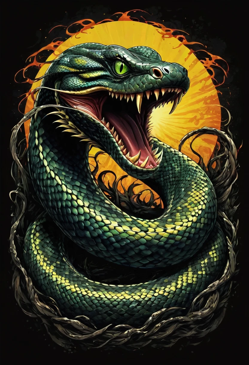 t shirt design, Create a menacing black t-shirt with an entire python motif inspired by heavy metal aesthetics. The artwork features an elegant style, gold and light green python coiled sinuously, its scales shining in the dim light. python, The mouth is wide open, revealing files of refined teeth dripping with blood, exuding a raw feeling, primitive aggression, clear sky and bright sun in the background, improving the sinister atmosphere of the design. python's eyes shine with a malevolent glow, capturing the essence of danger and violence. The overall style is bold and intense, embodying the dark and edgy spirit of heavy metal music.