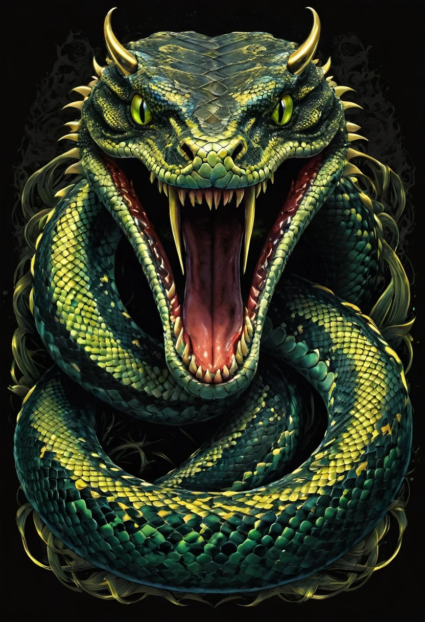 t shirt design, Create a menacing black t-shirt with an entire python motif inspired by heavy metal aesthetics. The artwork features an elegant style, gold and light green python coiled sinuously, its scales shining in the dim light. python, The mouth is wide open, revealing files of refined teeth dripping with blood, exuding a raw feeling, primitive aggression, clear sky and bright sun in the background, improving the sinister atmosphere of the design. python's eyes shine with a malevolent glow, capturing the essence of danger and ????????. The overall style is bold and intense, embodying the dark and edgy spirit of heavy metal music.