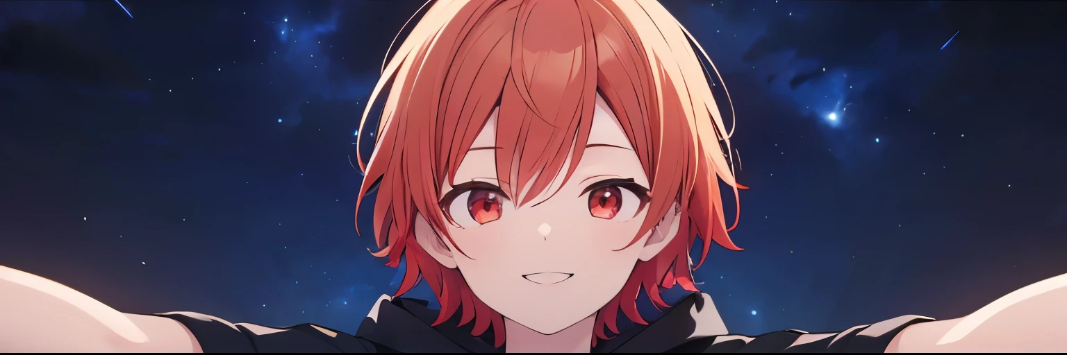 (Highest quality), (masterpiece), 1080P, High resolution, 4K, 8k, boy, Red hair, Red Eye, short hair, devil, Black hoodie, Upper Body, Lock, Night Sky, Starry Sky, Open your arms, smile