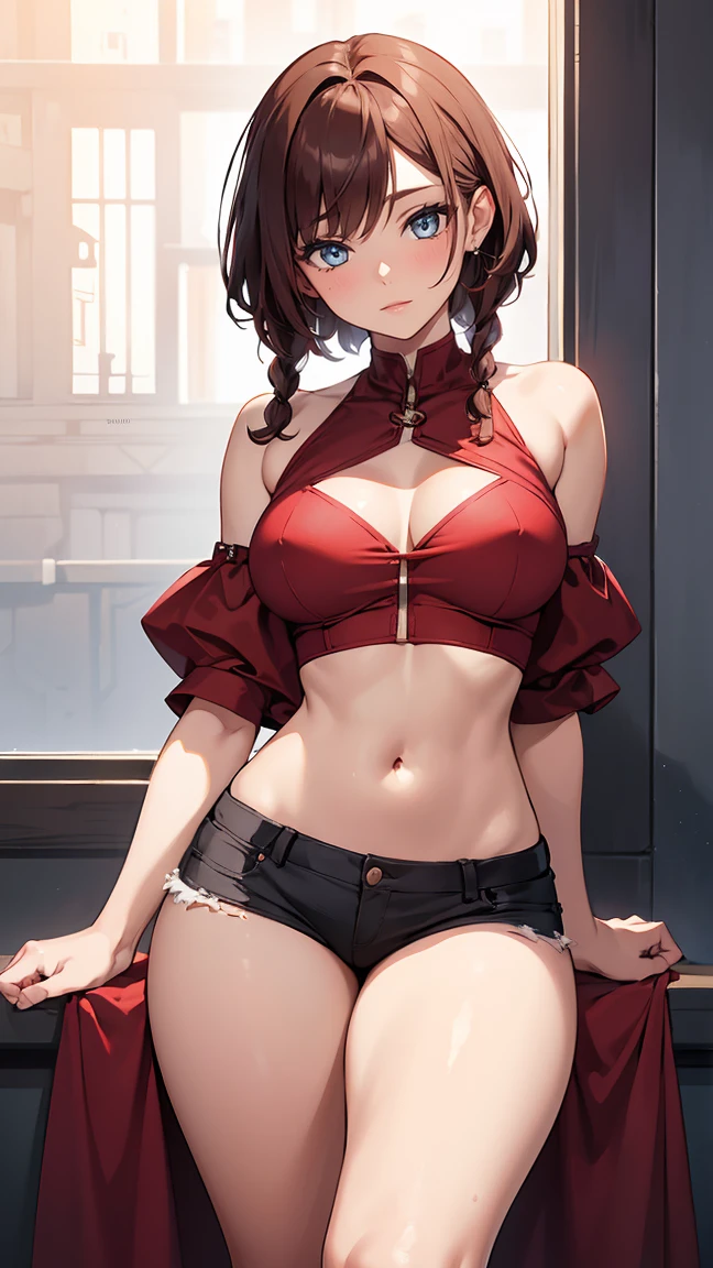 (masterpiece:1.1), (top quality:1.1), Whole body, short hair, good anatomy, lock of hair, (1 girl:1.2), (detailed face and eyes:1.25), long scarlet hair, Two thick braids,Brown eyes, facilitates ,( Pocket,tiny pants)(Red belly pocket,Nipple Covers), big breasts,split:1.2),(bare shoulders)(bare stomach)(thick legs) blush, I'm looking at the viewer, mature woman, sidelocks,thick legs,narrow waist,big round ass,fat hip,smile face,beautiful and mature, tatibana kyoka,, sitting, Elysiumchar, Oil painting,chains,Handcuffs,BDSM,BDSM fashion,BDSM queen,desire the sm,necklase