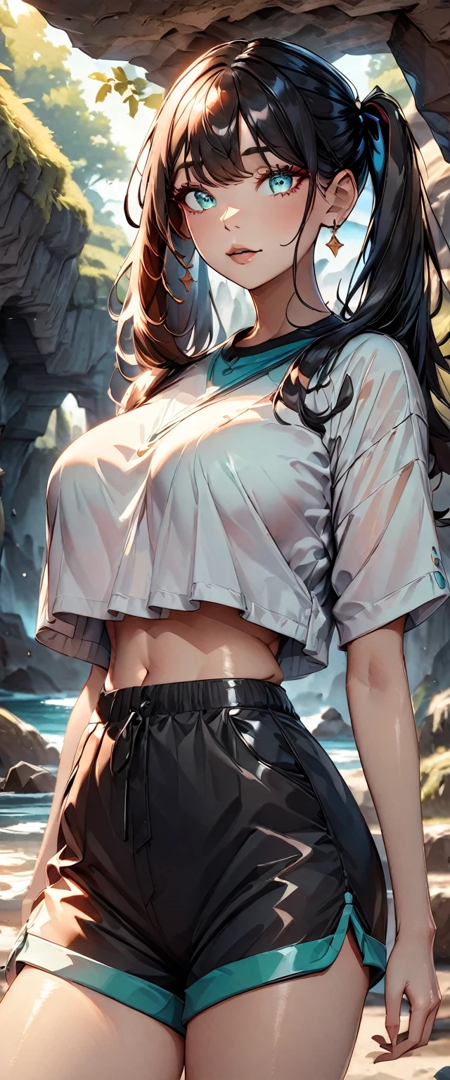 Photo of a woman with natural skin, Upper Body, Seaside cave, The light is shining in, High Twintails, Black hair with red mesh, Sharp eyes with red eyeshadow, Blue-green eyes, Shining eyes, A thin, upturned nose, Well-shaped lips, Big Breasts, ((crop top overhang, shorts, Thighs)), Makeup, Exquisitely crafted with the utmost attention to detail, Vibrant, amazing, Smooth, Cinematic, 4K, Backlight, (()), Shallow depth of field, ((Detailed eyes:1.3, Detailed lips:1.3, high quality, )), masterpiece, Super detailed images, High quality