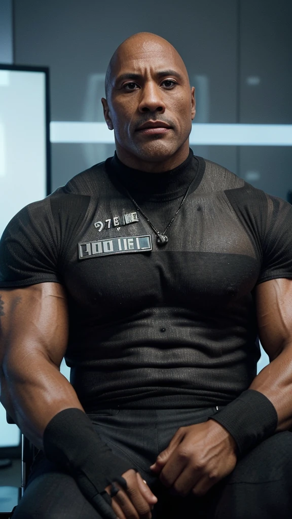 Generate an image of Dwayne "The Rock" Johnson being interviewed on a TV show with a serious expression on his face. He is seated in a stylish chair, wearing a well-tailored suit that emphasizes his muscular build. The setting is a modern TV studio with bright lights, a sleek desk, and a large screen displaying the show's logo behind him. The interviewer, holding a microphone, is attentively listening to The Rock, who is speaking with a focused and intense demeanor. Make sure to capture the detailed set design and the professional, serious atmosphere of the studio.