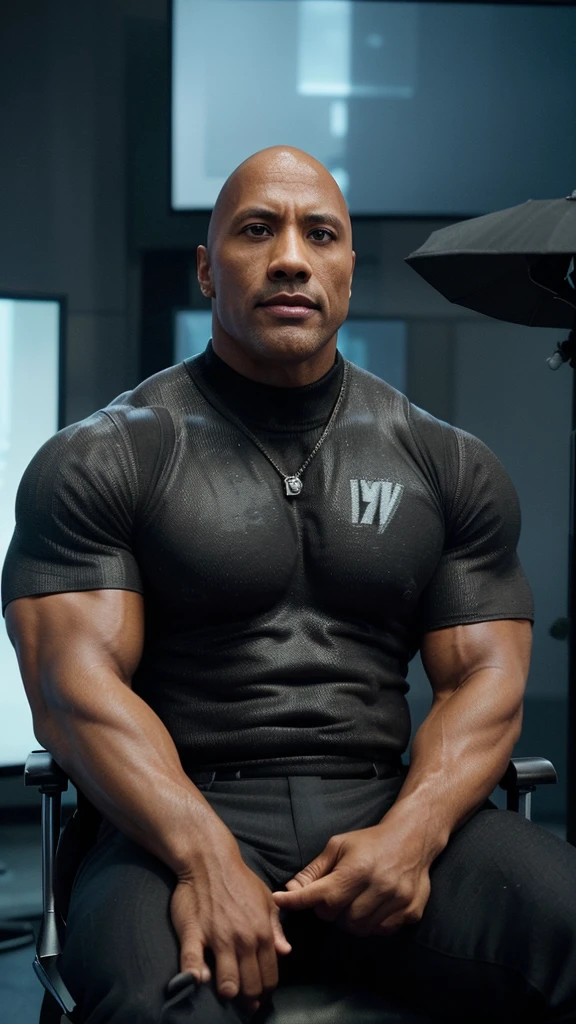 Generate an image of Dwayne "The Rock" Johnson being interviewed on a TV show with a serious expression on his face. He is seated in a stylish chair, wearing a well-tailored suit that emphasizes his muscular build. The setting is a modern TV studio with bright lights, a sleek desk, and a large screen displaying the show's logo behind him. The interviewer, holding a microphone, is attentively listening to The Rock, who is speaking with a focused and intense demeanor. Make sure to capture the detailed set design and the professional, serious atmosphere of the studio.