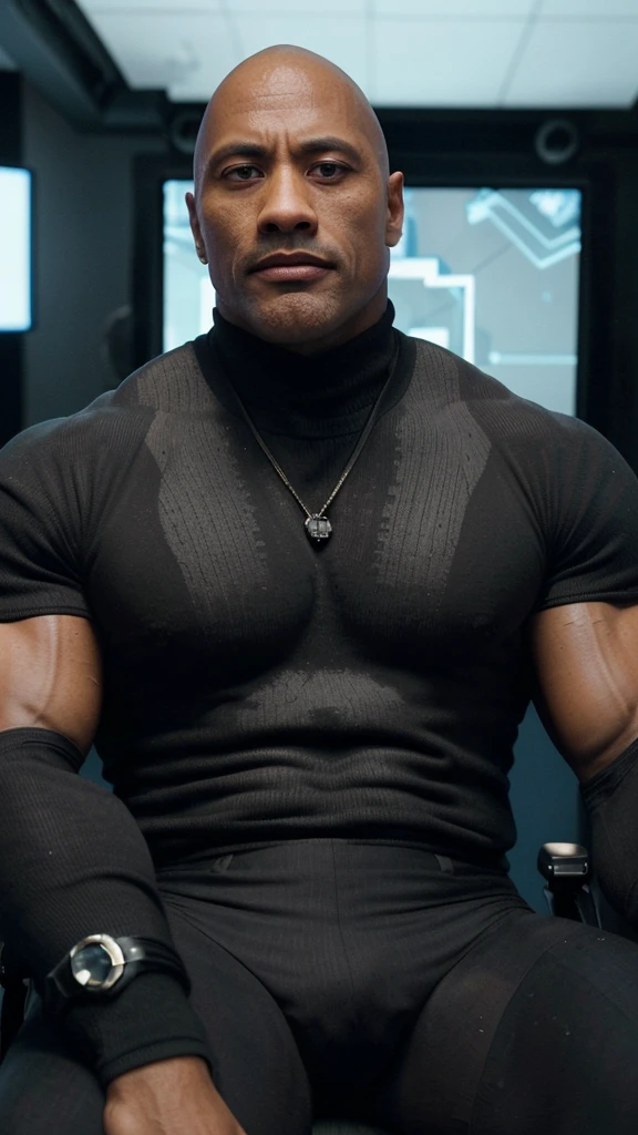 Generate an image of Dwayne "The Rock" Johnson being interviewed on a TV show with a serious expression on his face. He is seated in a stylish chair, wearing a well-tailored suit that emphasizes his muscular build. The setting is a modern TV studio with bright lights, a sleek desk, and a large screen displaying the show's logo behind him. The interviewer, holding a microphone, is attentively listening to The Rock, who is speaking with a focused and intense demeanor. Make sure to capture the detailed set design and the professional, serious atmosphere of the studio.